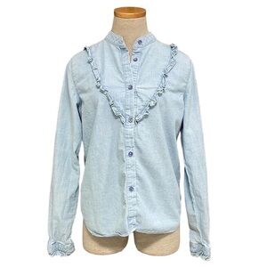 AMO Cooper Shirt Top Blouse Ruffles Button Up Light Blue Size Small S